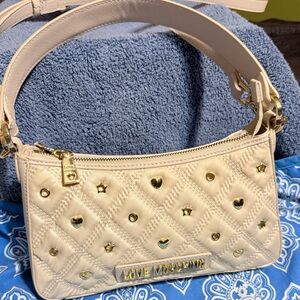 Love Moschino Quilted Ivory Studded Shoulder Bag with Crossbody Strap